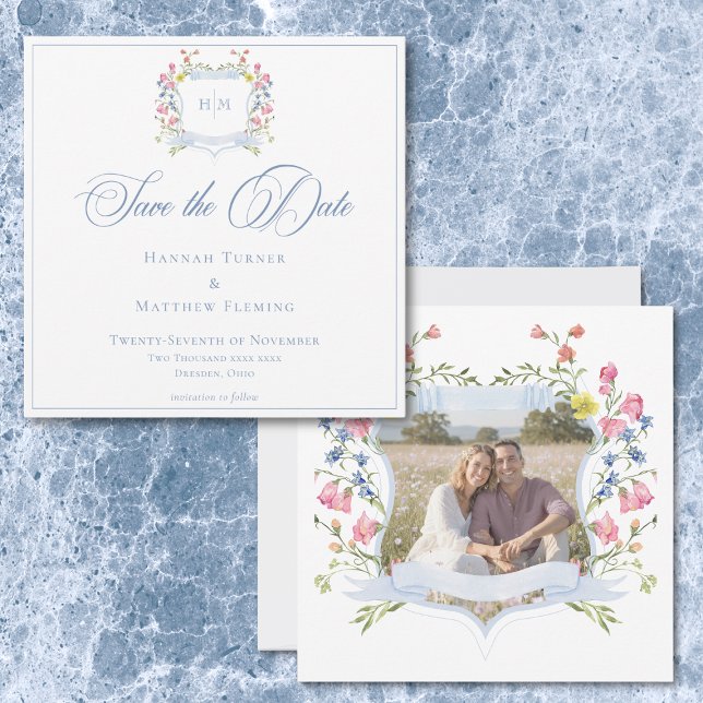 Reserve A Data Elegant Blue Pastel Wildflower Crest Wedding Photo (Elegant Blue Pastel Wildflower Crest Wedding Photo Save The Date)