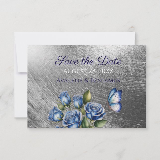 Reserve A Data Elegant Blue Roses Butterfly Silver Wedding (Frente)
