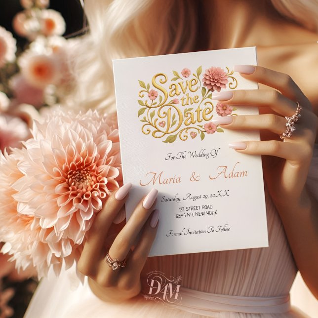 Reserve A Data Elegant Blush Dahlias Golden Script Wedding Photo  (Criador carregado)