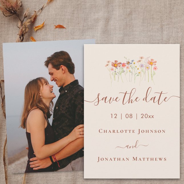 Reserve A Data Elegant Boho Wildflower Meadow Photo Wedding (Elegant boho Wildflower meadow beige terracotta photo Wedding save the date card)