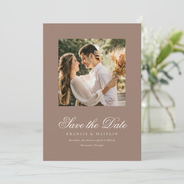 Reserve A Data Elegant Brown Romantic Photo Wedding (Em pé/Frente)
