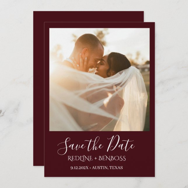 Reserve A Data Elegant Burgundy One Photo Wedding (Frente/Verso)