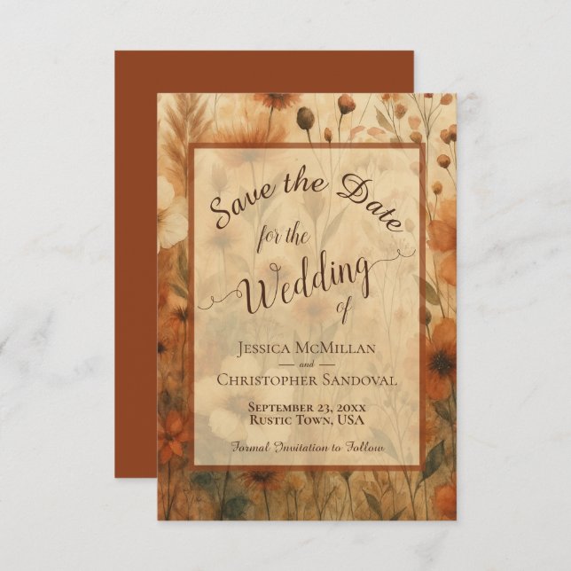 Reserve A Data Elegant Calligraphy Fall Boho Wildflowers Wedding (Frente/Verso)