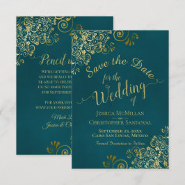 Reserve A Data Elegant Calligraphy Ornate Teal and Gold Wedding