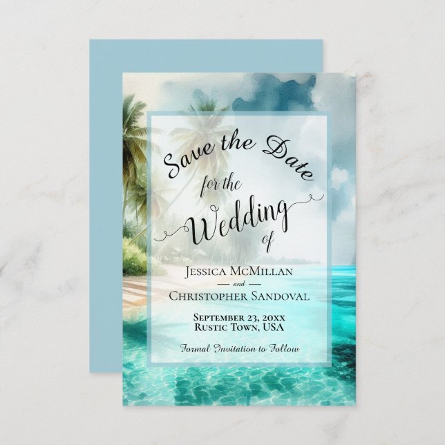 Reserve A Data Elegant Calligraphy Tropical Beach Wedding (Frente/Verso)