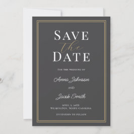 Reserve A Data Elegant Charcoal Gray Gold Double Border Wedding 