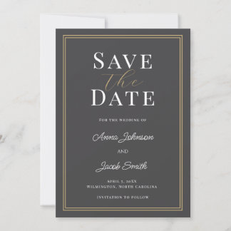 Reserve A Data Elegant Charcoal Gray Gold Double Border Wedding