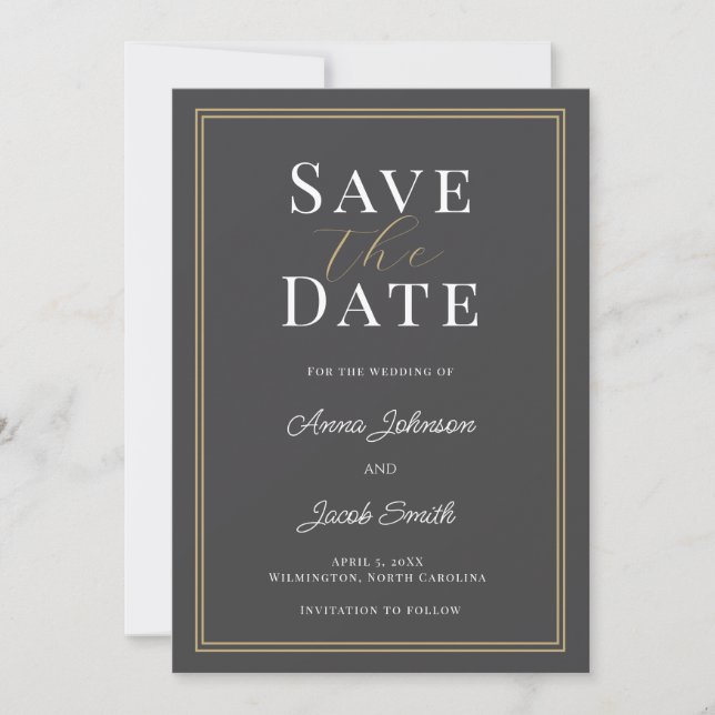 Reserve A Data Elegant Charcoal Gray Gold Double Border Wedding  (Frente)