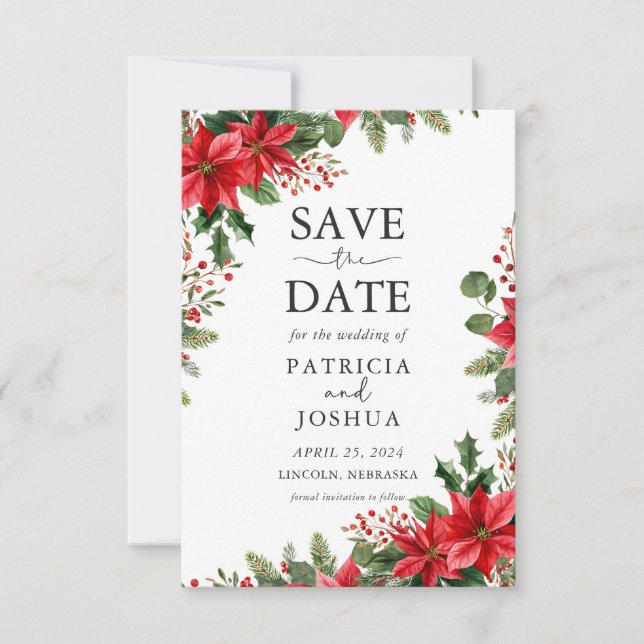 Reserve A Data Elegant Christmas Save the Date with Poinsettias (Frente)