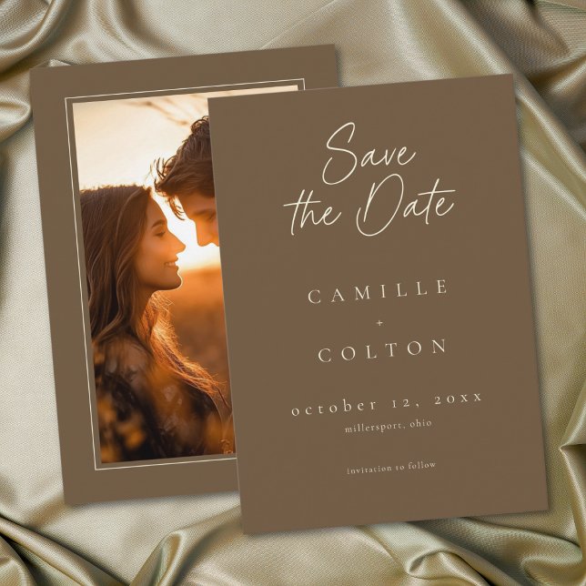 Reserve A Data Elegant Cocoa Brown Minimalist Wedding Photo (Elegant Cocoa Brown Minimalist Wedding Photo Save The Date)