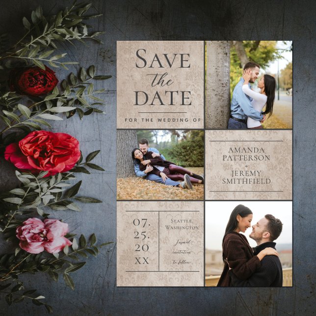 Reserve A Data Elegant Damask Three Photo Collage | Bege (Elegant Damask Three Photo Save the Date - Beige)