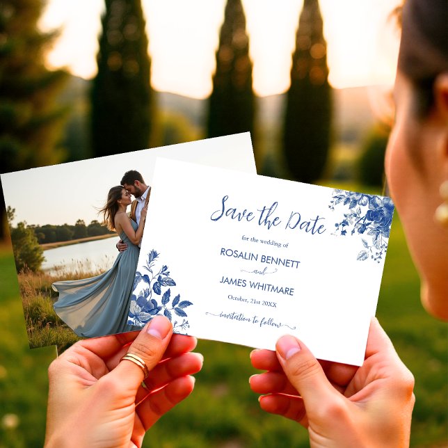 Reserve A Data Elegant Dusty Blue Toile Floral (Elegant Dusty Blue Toile Floral Save The Date)