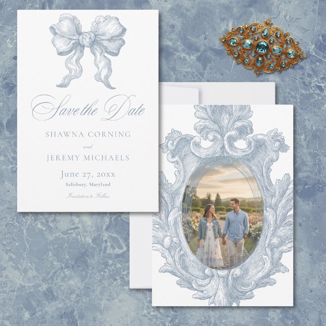 Reserve A Data Elegant Dusty Blue Toile French Manor Photo (Elegant Dusty Blue Toile French Manor Photo Save The Date)