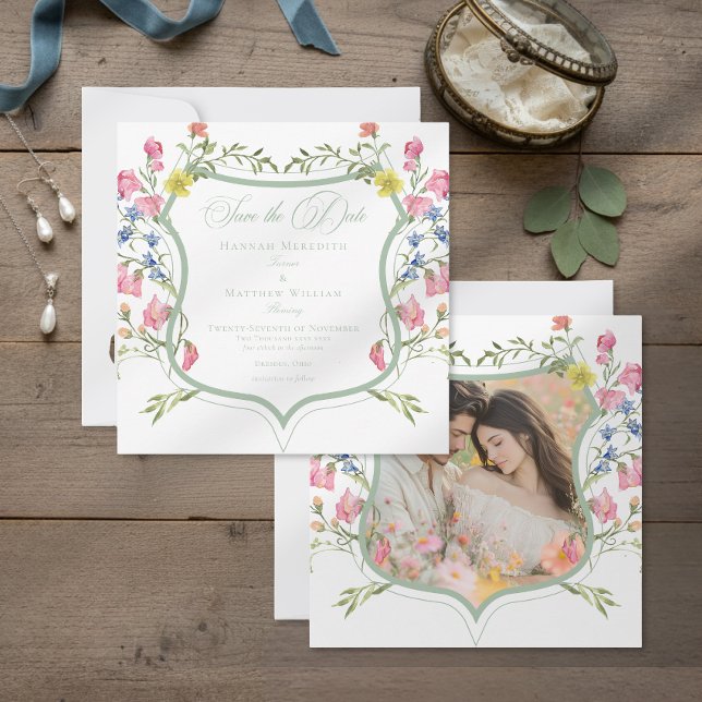 Reserve A Data Elegant Dusty Sage Wildflower Crest Photo Wedding (Criador carregado)