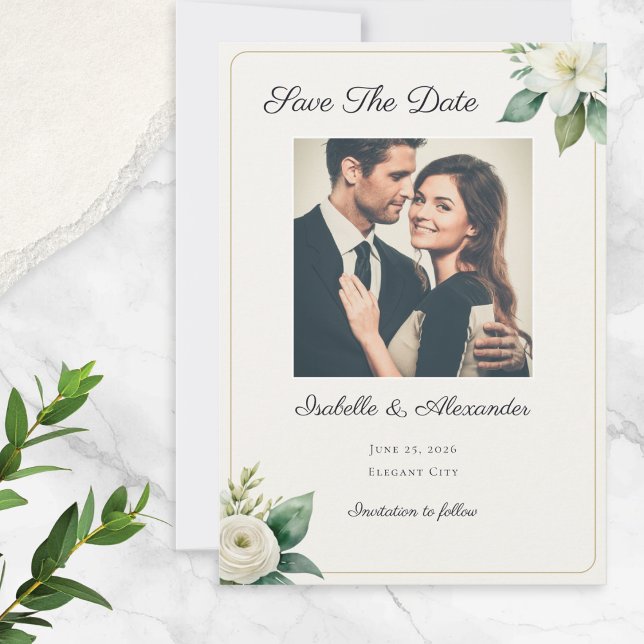 Reserve A Data Elegant Faux Gold Frame White Floral Custom Photo (A 'Save the Date' greetings card personalized with the couple's photo, names, wedding date and place)