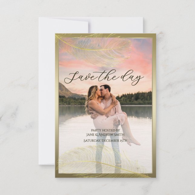 Reserve A Data Elegant Feather Save The Date Photo Card (Frente)