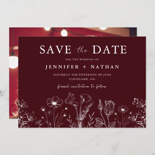 Reserve A Data Elegant Floral Burgundy Save the Date Card  (Frente/Verso)