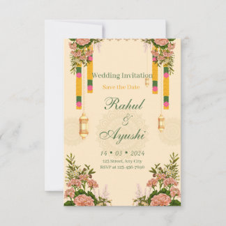 Reserve A Data Elegant Floral Garland Mandap Wedding Invitation