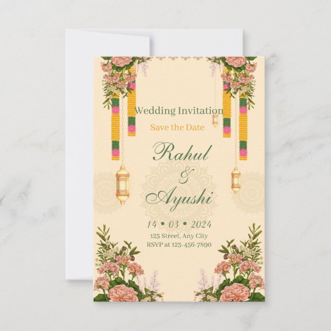 Reserve A Data Elegant Floral Garland Mandap Wedding Invitation (Frente)