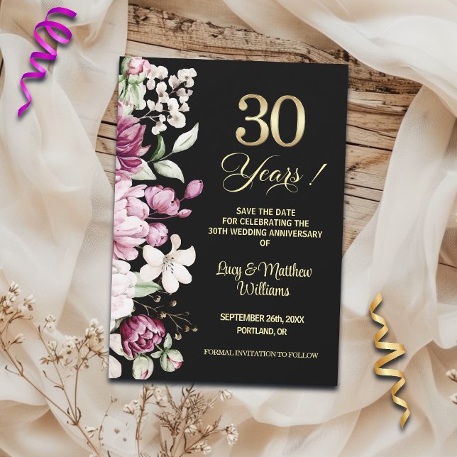Reserve A Data Elegant Floral Gold 30th Wedding Anniversary   (Criador carregado)