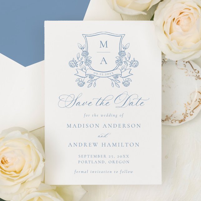 Reserve A Data Elegant French Blue Floral Crest Wedding (Criador carregado)