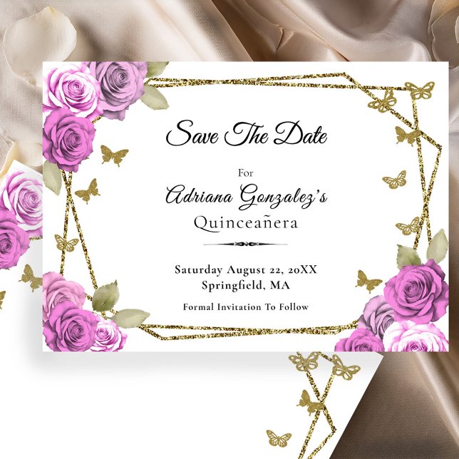 Reserve A Data Elegant Gold and Pink Roses Quinceanera (Criador carregado)
