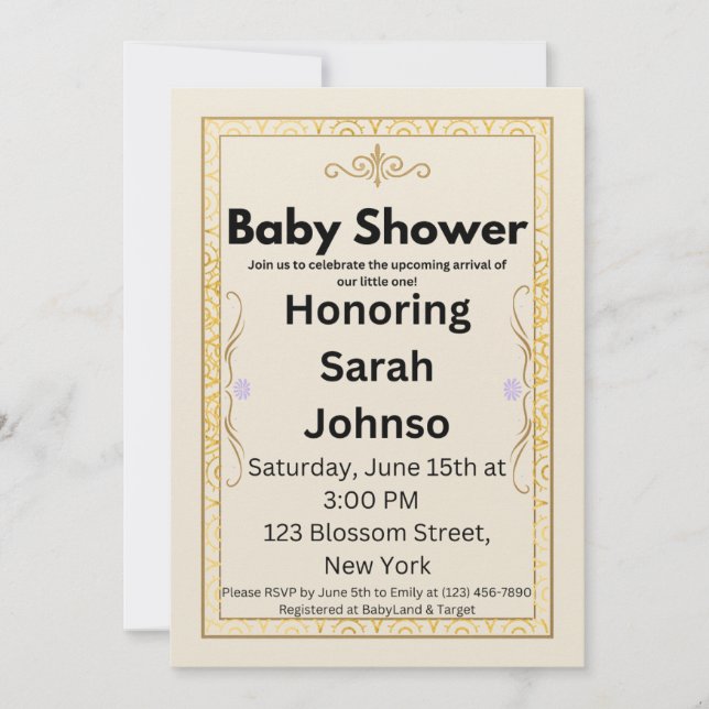 Reserve A Data Elegant Gold Baby Shower Invitation Template (Frente)
