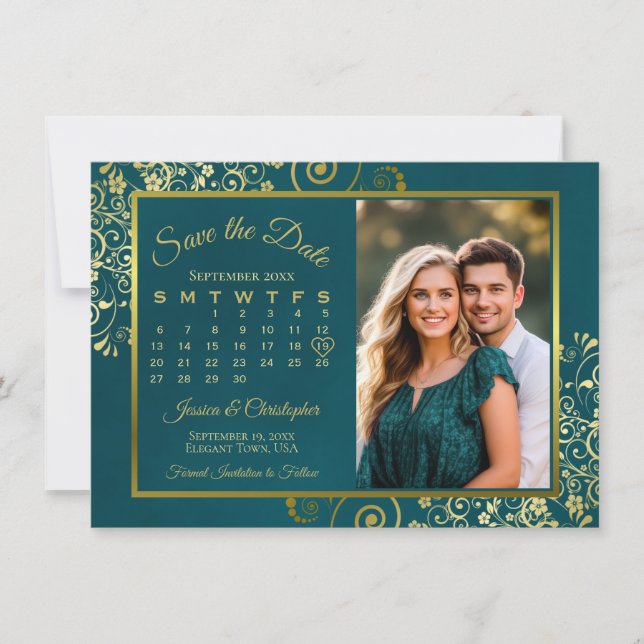 Reserve A Data Elegant Gold Curls Teal Calendar & Photo Wedding (Frente)