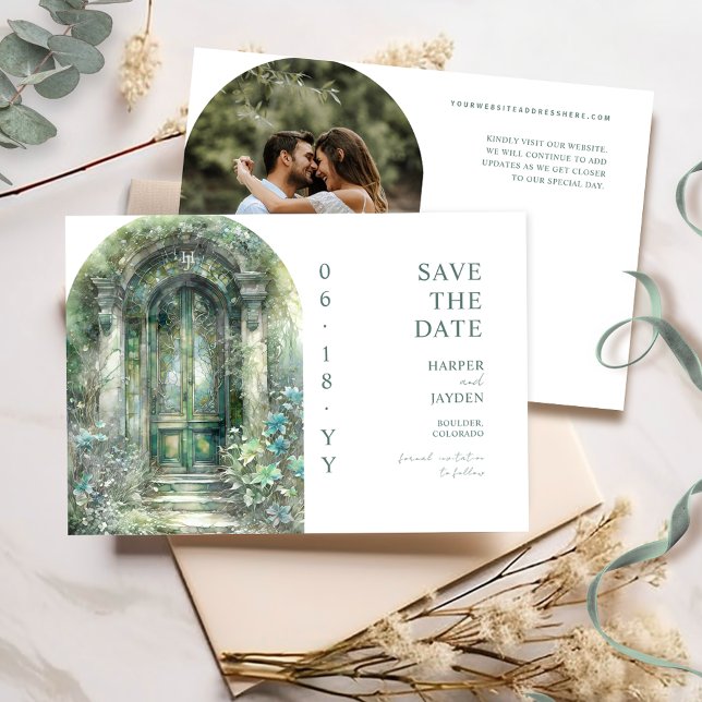 Reserve A Data Elegant Green Botanical Garden Photo Wedding (Criador carregado)