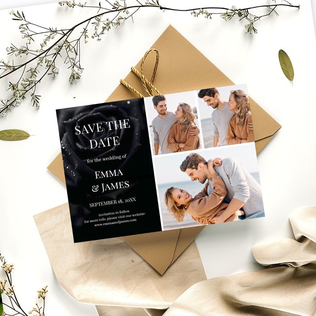 Reserve A Data Elegant Midnight Rose Black & White Wedding Photo (Criador carregado)