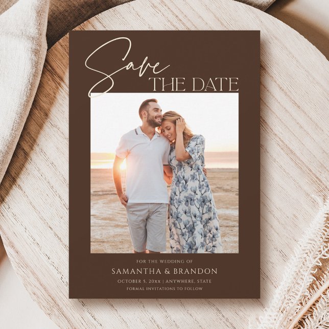 Reserve A Data Elegant Minimalist Dark Brown Photo Save The Date (Criador carregado)