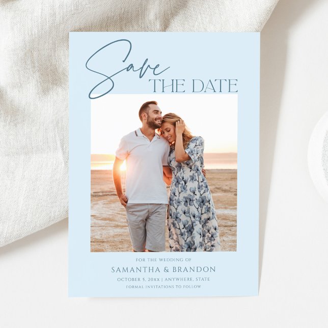 Reserve A Data Elegant Minimalist Light Blue Photo Save The Date (Criador carregado)