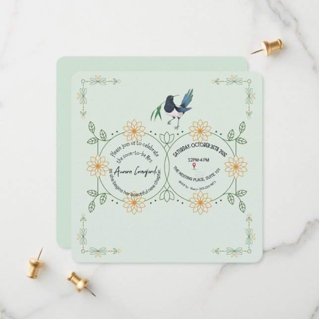 Reserve A Data Elegant Mint Green Floral Bridal Shower Invitation (Frente/Verso In Situ)