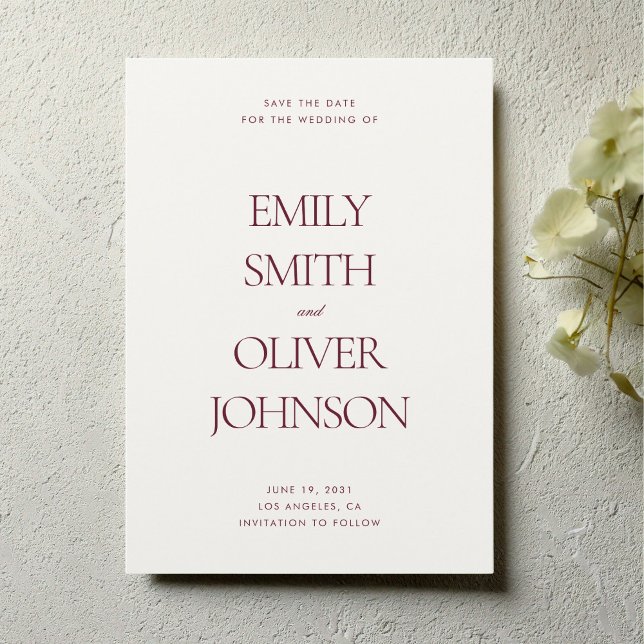 Reserve A Data Elegant Modern Clean Burgundy Red Wedding (Minimalist burgundy red wedding save the date card with modern serif typography)