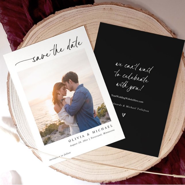Reserve A Data Elegant Modern Handwriting Black and White Wedding (Minimalist save the date card with couple photo and modern handwriting script in black and white.)