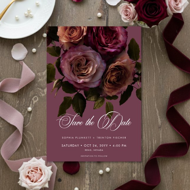 Reserve A Data Elegant Moody Soft Rust & Burgundy Floral Wedding (Criador carregado)