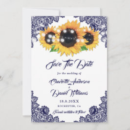 Reserve A Data Elegant Navy Blue Floral Lace Sunflower Wedding