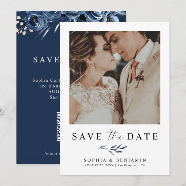 Reserve A Data Elegant Navy Blue Floral Photo & QR Code Wedding  (Frente/Verso)