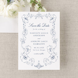 Reserve A Data Elegant Navy Ornate Floral Frame Wedding