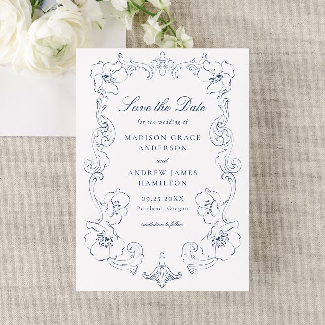 Reserve A Data Elegant Navy Ornate Floral Frame Wedding (Criador carregado)