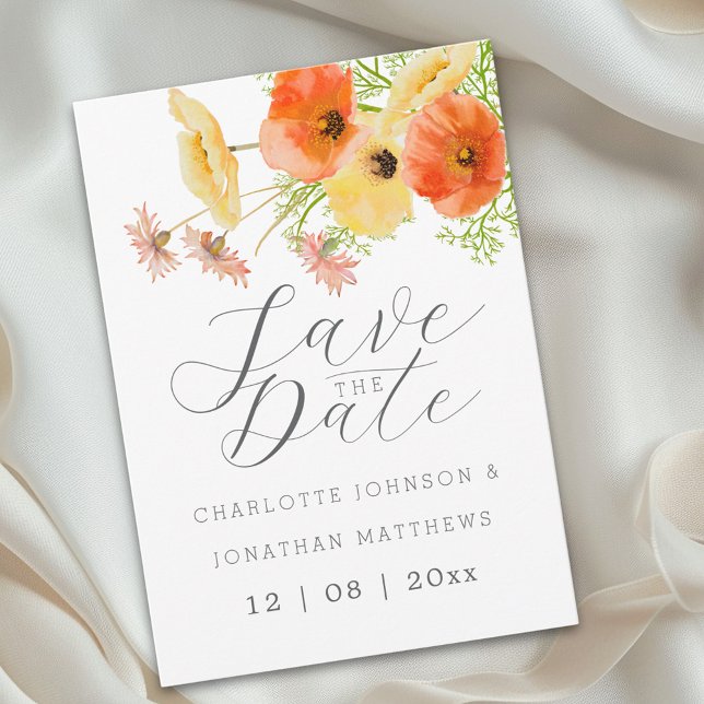 Reserve A Data Elegant Orange & Yellow Wildflower Wedding (Elegant script watercolor wildflower yellow & orange floral wedding save the date invitation)