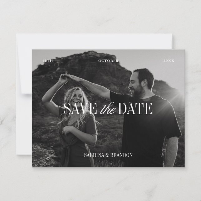 Reserve A Data Elegant Photo Black & White Save the Date Card (Frente)