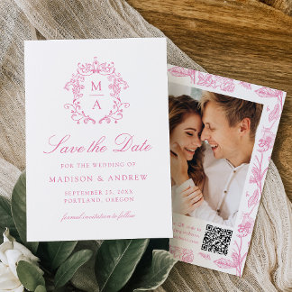 Reserve A Data Elegant Pink Chinoiserie Floral QR Code Wedding