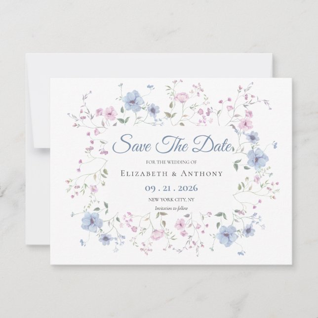 Reserve A Data Elegant Pink & Dusty Blue Floral Wedding  Save The (Frente)