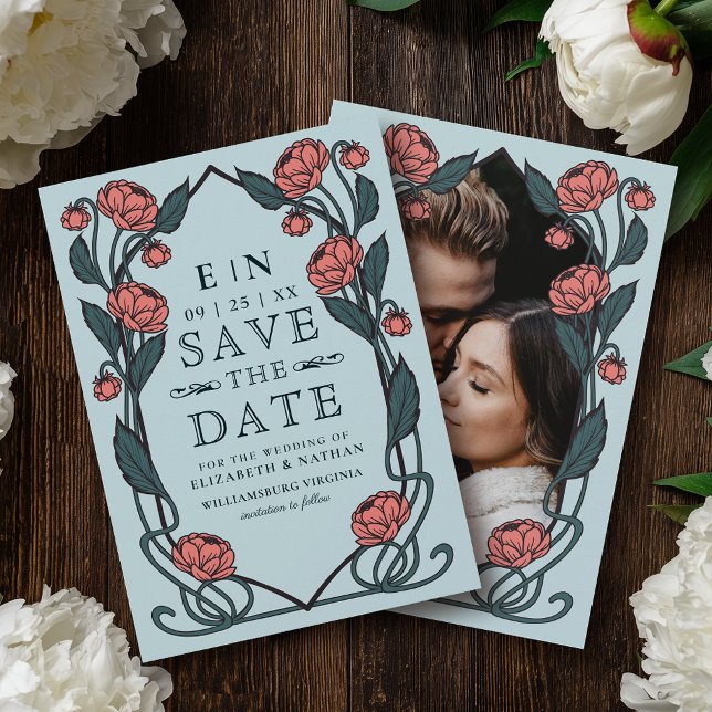 Reserve A Data Elegant Pink Peony Art Nouveau Wedding Photo (Criador carregado)