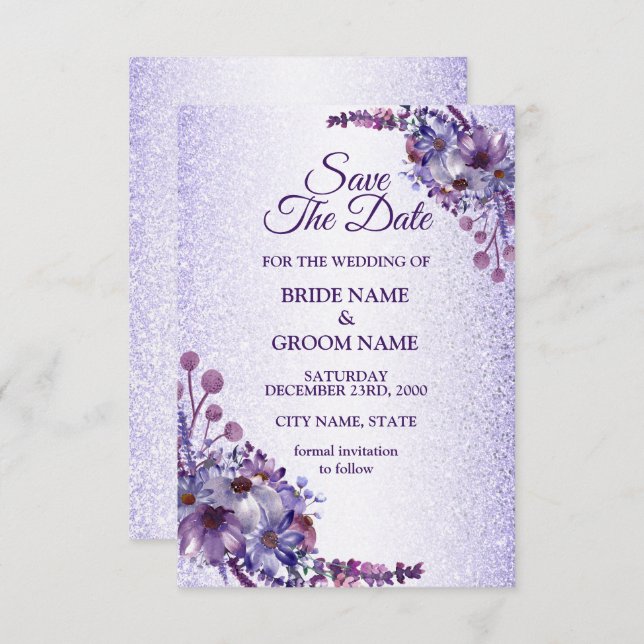 Reserve A Data Elegant Purple Blue Pink Floral Glitter Wedding (Frente/Verso)