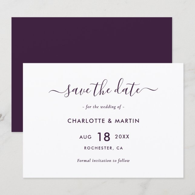 Reserve A Data Elegant Purple Modern Script Wedding (Frente/Verso)