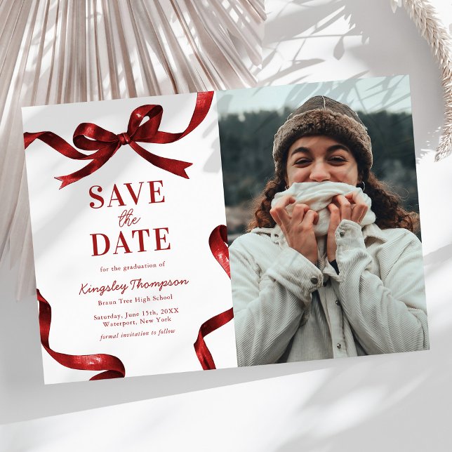 Reserve A Data Elegant Red Bow Graduation Save the Date (Criador carregado)