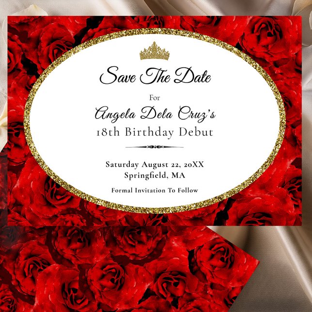 Reserve A Data Elegant Red Roses and Gold 18th Birthday Debut (Criador carregado)