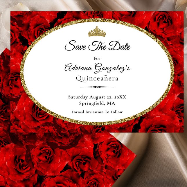 Reserve A Data Elegant Red Roses and Gold Quinceanera (Criador carregado)